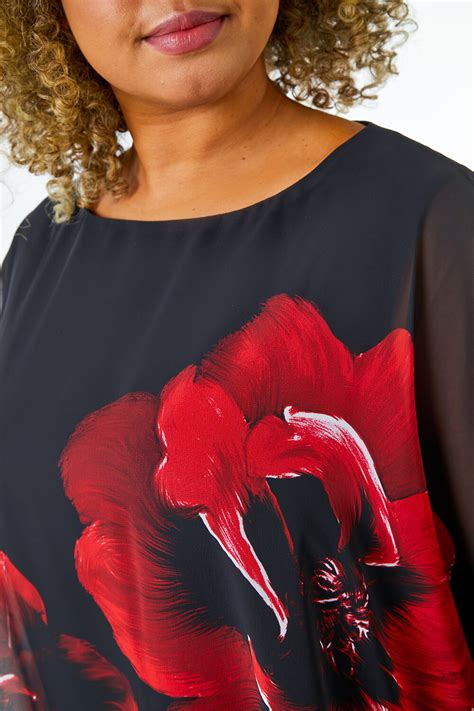 Curve Floral Chiffon Overlay Top In Red Roman Originals Uk