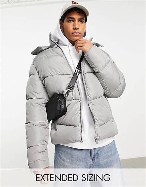 Asos Design Puffer Jacket With Detachable Hood In Gray Asos