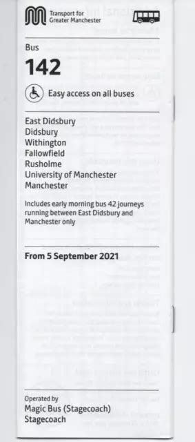 TFGM BUS TIMETABLE - 142- East Didsbury-Manchester - September 2021 - Stagecoach EUR 4,28 ...