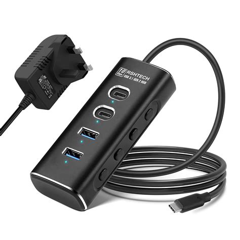 Powered USB C Hub 10Gbps, Aluminum 4 Ports USB 3.1 Hub Splitter with 2