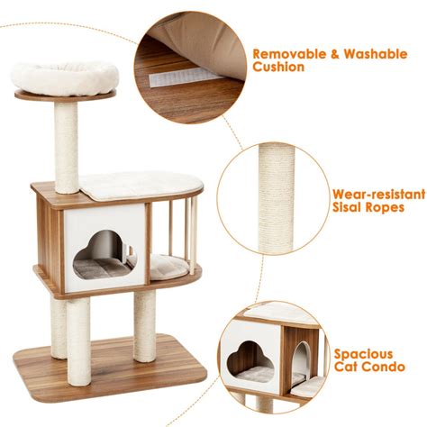 Wooden Cat Activity Tree With Platform And Cushions Costway