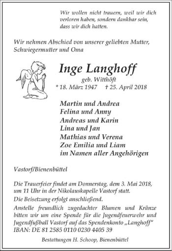 Traueranzeigen Von Inge Langhoff Trauer L Neburg De