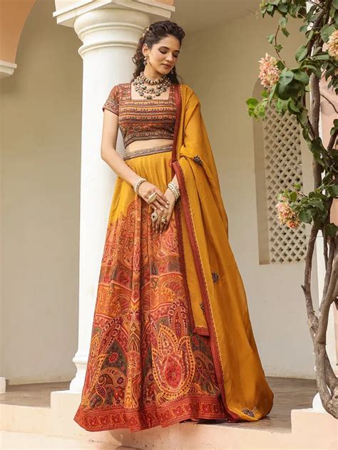 Raw Silk Printed Lehenga Choli In Mustard Yellow G3 WLC13816