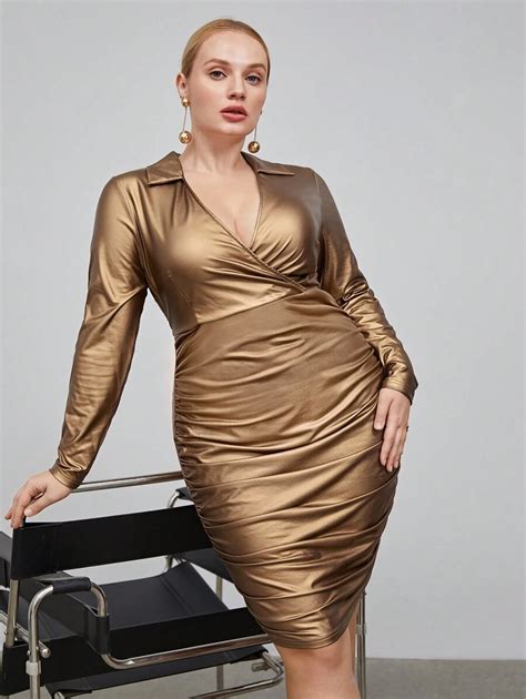 SHEIN BIZwear Plus Surplice Neck Ruched Metallic Bodycon Dress SHEIN USA