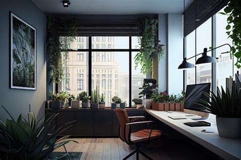 Premium AI Image | Office with hanging plants and windows with views of ...