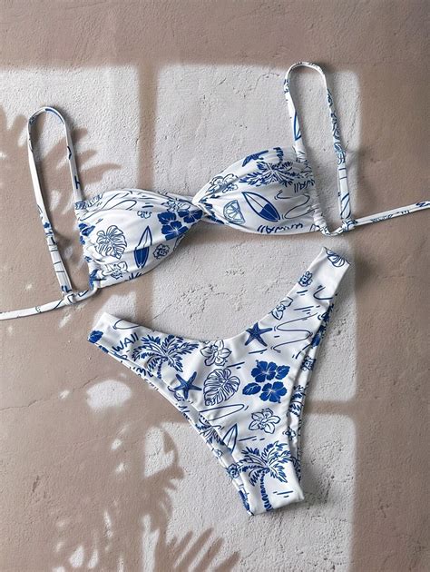 Swim Mod Ensembles De Bikini Sexy Bretelles Spaghetti D Coupe Haute Avec Imprim Porcelaine