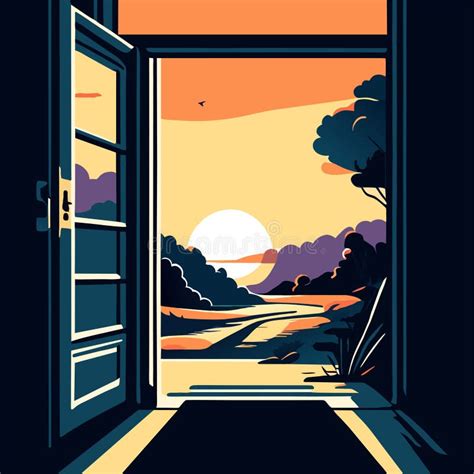 Open Door To the Sunset. Vector Illustration in a Flat Style Stock ...