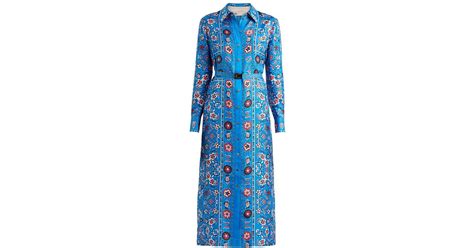 Tory Burch Printed Silk Satin Midi Shirt Dress In Blue Lyst