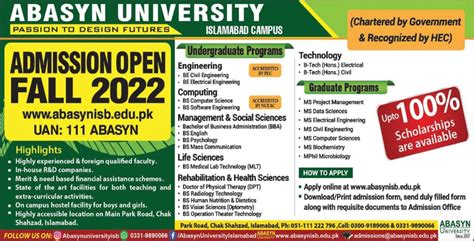 Abasyn University Islamabad Bs Ms Mphil Admission Private