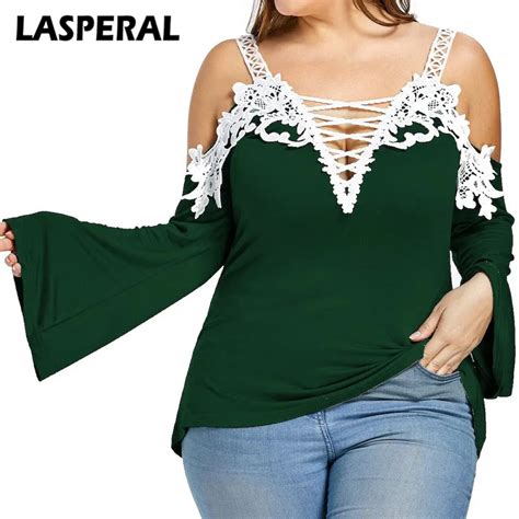 LASPERAL Oversized T Shirts Women Sexy V Neck Off The Shoulder Flare