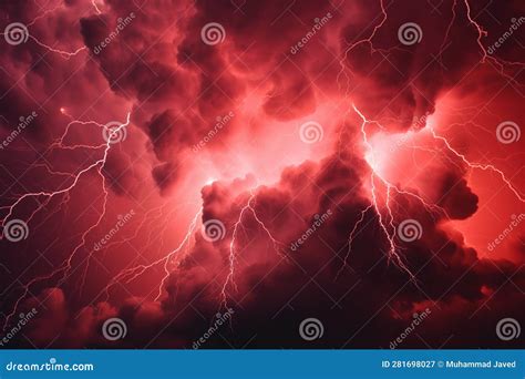 Intense Red Storm Clouds Electrified by Dramatic Bolts of Lightning ...