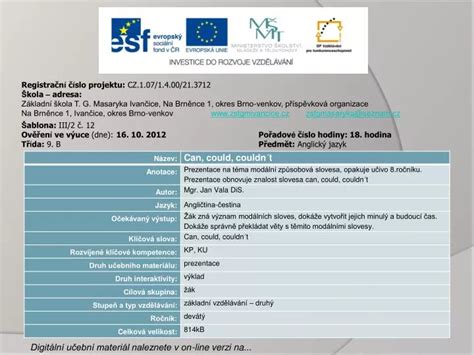 PPT Registračn í č í slo projektu CZ 1 07 1 4 00 21 3712 Š kola