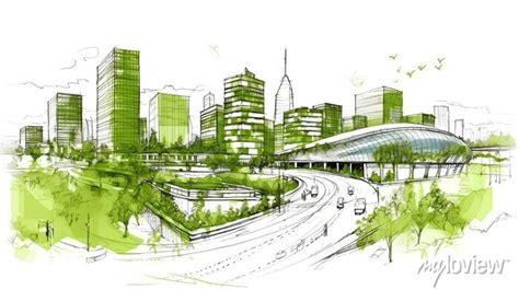 Architectural Sketch Of A Sustainable Urban Design Featuring Posters