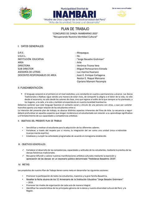 Modelo DE PLAN DE Trabajo DE Danzas PLAN DE TRABAJO CONCURSO DE