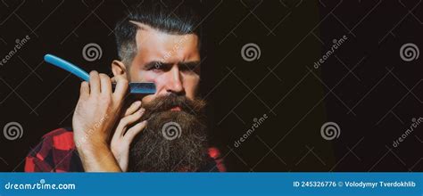 Beard Man With Black Beard Bearded Gay Barber With Razor On Black