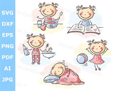 Daily Routine Clipart Cartoon Little Girls Daily Etsy Australia