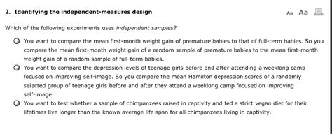 Solved 2. Identifying the independent-measures design Aa Aa | Chegg.com