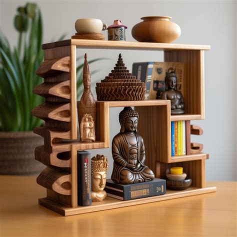 Premium Photo There Is A Shelf With A Buddha Statue And Other Items