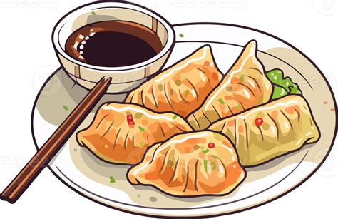 Japanese Food Gyoza Dumplings Hand Drawn Illustration Png