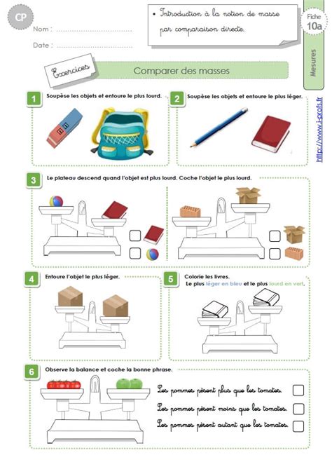 Cp Exercices Comparer Des Masses En Geometrie Mesures Et Grandeurs