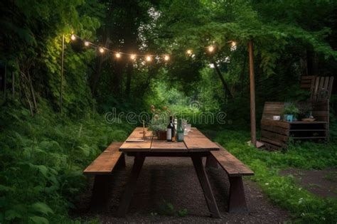 Rustic Picnic Table With Wooden Bench And Bistro Lights Surrounded By