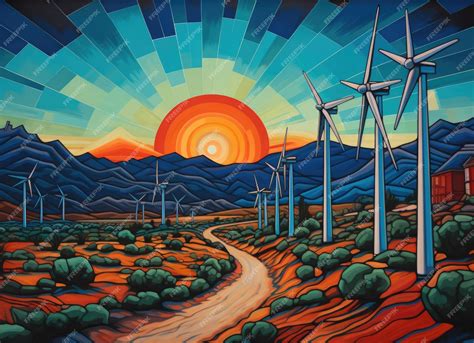 Premium Photo | Windmills and Mountains Landscape Painting