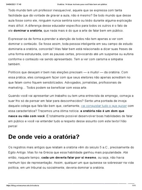 Textos Para Treinar Oratória Em Pdf - Oratória - 14 Dicas Incríveis para Você Falar Bem em Público | PDF ...