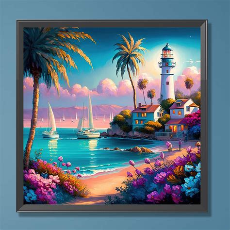 D Diy Full Round Drill Diamond Painting Beach Lighthouse Kit Home