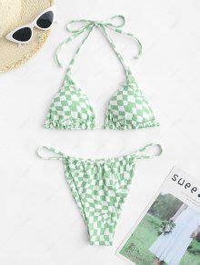 Zaful Ribbed Checkered Loincloth Bikini Swimwear In Light Green Zaful