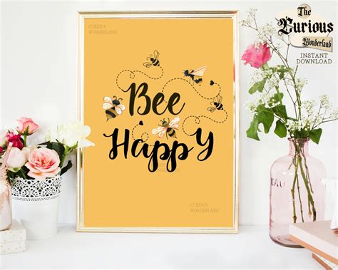 Bee Happy Wall Art Print Bee Print Bumble Bee Decor Etsy