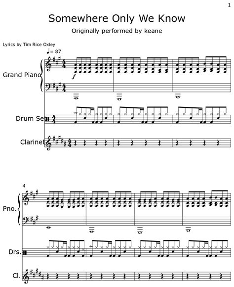 Somewhere Only We Know - Sheet music for Piano, Drum Set, Clarinet