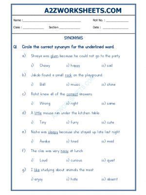 A Zworksheets Worksheet Of Class Ll Synonyms Grammar English