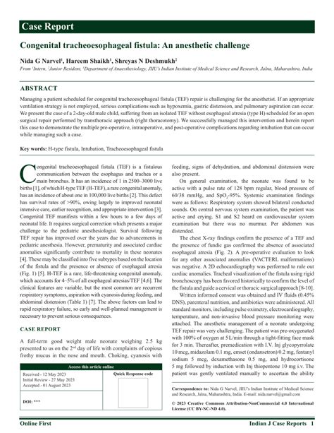 Pdf Congenital Tracheoesophageal Fistula An Anesthetic Challenge