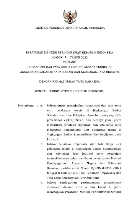 Peraturan Menteri Perindustrian No 1 Tahun 2022 Tentang Organisasi Dan