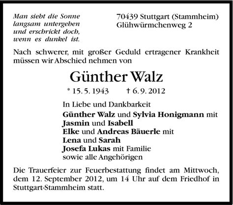 Traueranzeigen Von G Nther Walz Stuttgart Gedenkt De