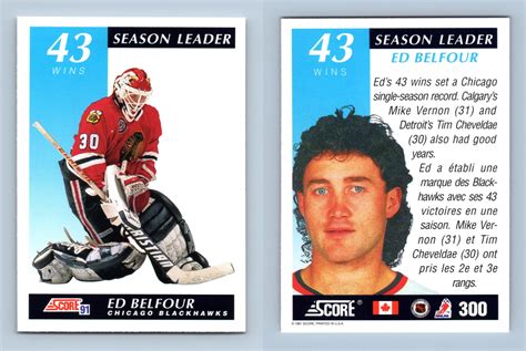 Ed Belfour Blackhawks 300 Score 1991 2 Bilingual Nhl Hockey Card