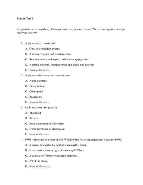 Botany Test 1 Photosynthesis Botany Test 1 All Questions Are