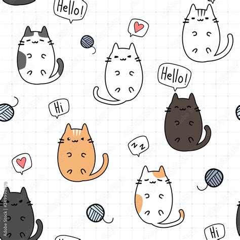 Cute adorable kawaii fat cat kitten laying down on grid cartoon doodle seamless pattern ...