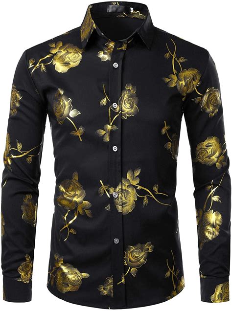 Zeroyaa Mens Nightclub Shiny Golden 3d Rose Printed Slim Fit Button