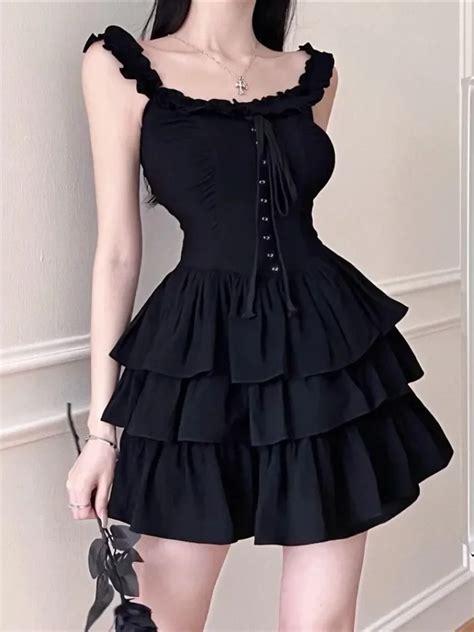 Qweek Gothic Lolita Kawaii Slip Dress Soft Girl Goth Harajuku Off