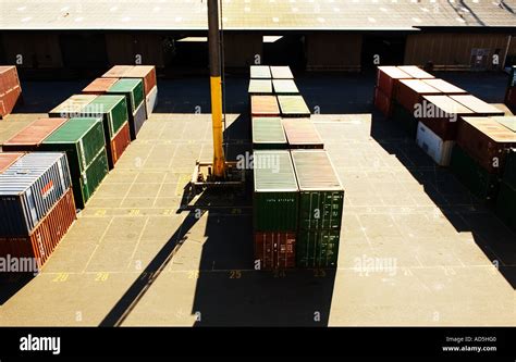 Storage cargo metal shipping crates stacked in front of warehouse Stock ...