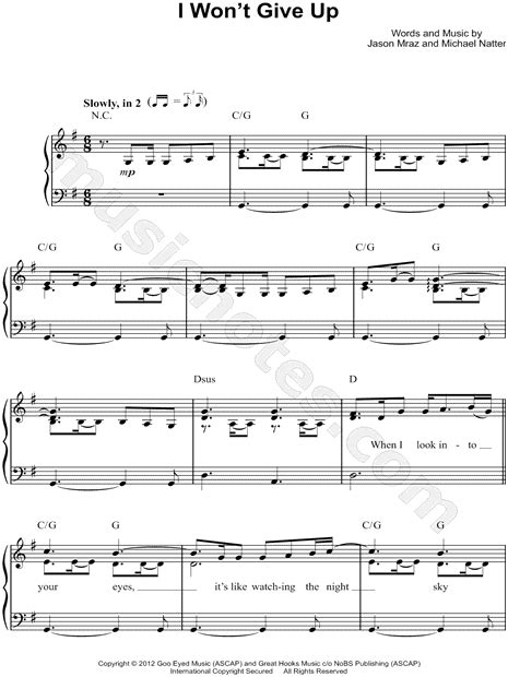 Jason Mraz I Wont Give Up Sheet Music Easy Piano In G Major Transposable Download