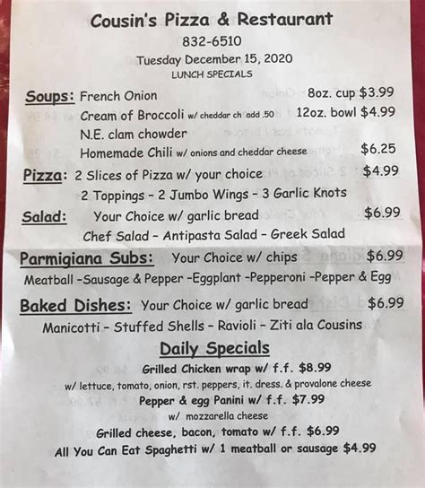 Menu at Cousin's Pizza pizzeria, Wingdale, NY-22