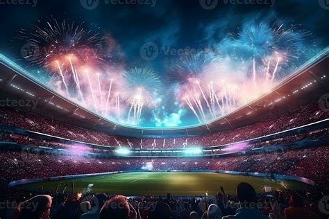 Football soccer field stadium at night and fireworks, AI generate ...