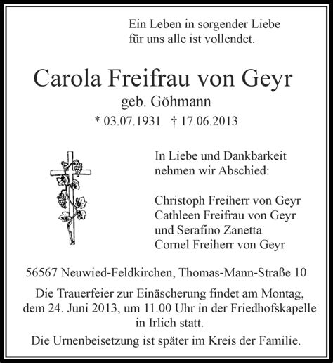 Traueranzeigen Von Carola Freifrau Von Geyr Rz Trauer De