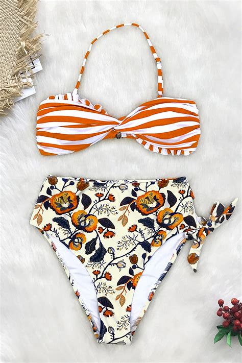 Orange Bandeau And Floral High Waisted Bikini