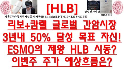 주식투자 Hlb리보캄렐 글로벌 간암시장3년내 50 달성 목표 자신esmo의 제왕 Hlb 시동이번주 주가 예상흐름은