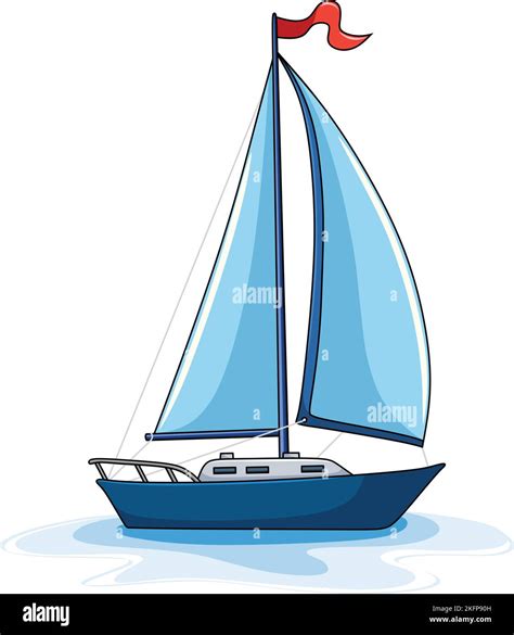 Blue Colored Sailboat With Red Flag On Top Of The Boat Cartoon Vector