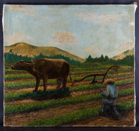 Large Vintage Philippino Artist Oil Painting "Farmer With Bu