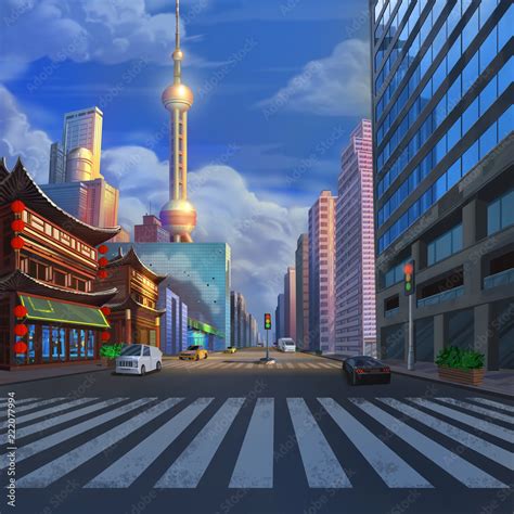 China ShangHai Street Realistic Country City Area Painting Series. Video Game's Digital CG ...